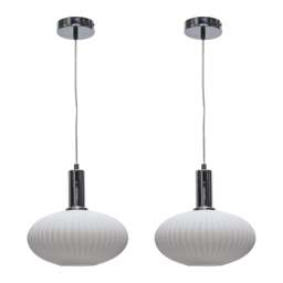 Set of 2 Baton - White Ribbed Oval Glass Chrome Deco Pendant Fittings