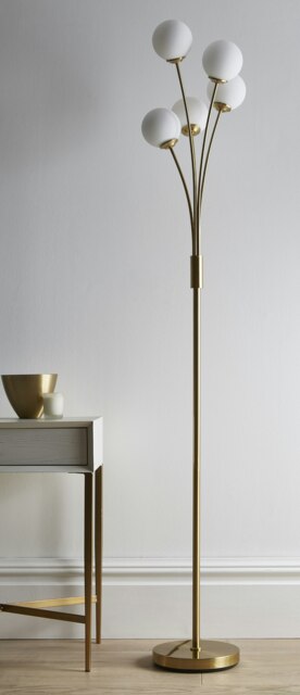 Mabel Satin Brass Floor Lamp with Opal White Stunning Shades Gold