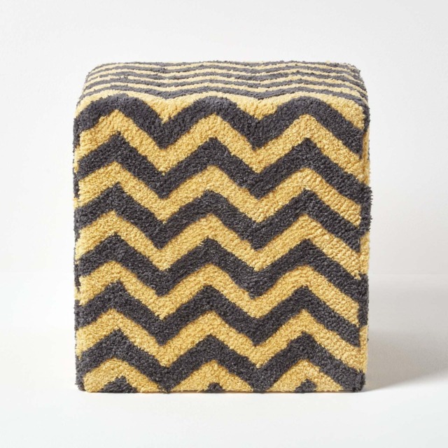 Homescapes Grey and Yellow Chevron Cube Pouffe Tufted Cotton - 36 x 36 x 38 cm Grey 36 x 36 x 38 cm