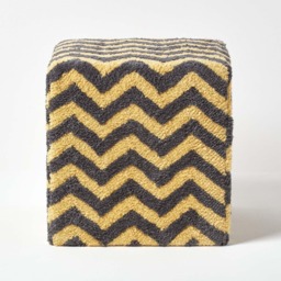 Homescapes Grey and Yellow Chevron Cube Pouffe Tufted Cotton - 36 x 36 x 38 cm Grey 36 x 36 x 38 cm