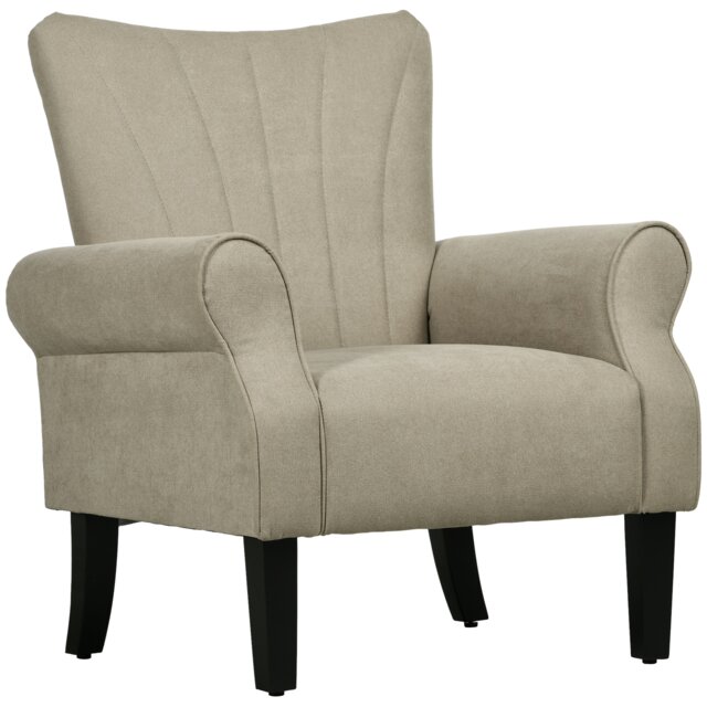 HOMCOM Modern Upholstered Accent Chair, Linen Armchair with Rolled Arms and Wood Legs, Single Sofa Chair for Living Room Bedroom, Beige