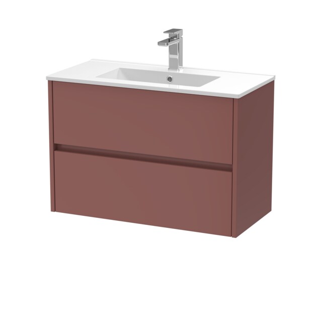 Balterley Chartley Contemporary Wall Hung 2 Drawer Vanity Basin Unit, Minimalist Basin, 800mm, Smoked Red