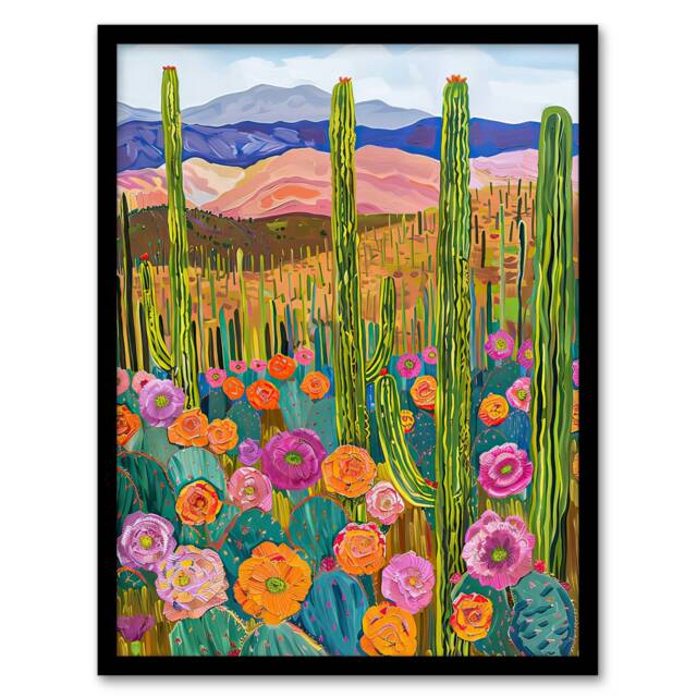 Arizona Flower Cactus Landscape Floral Black Framed Wall Art Print A4