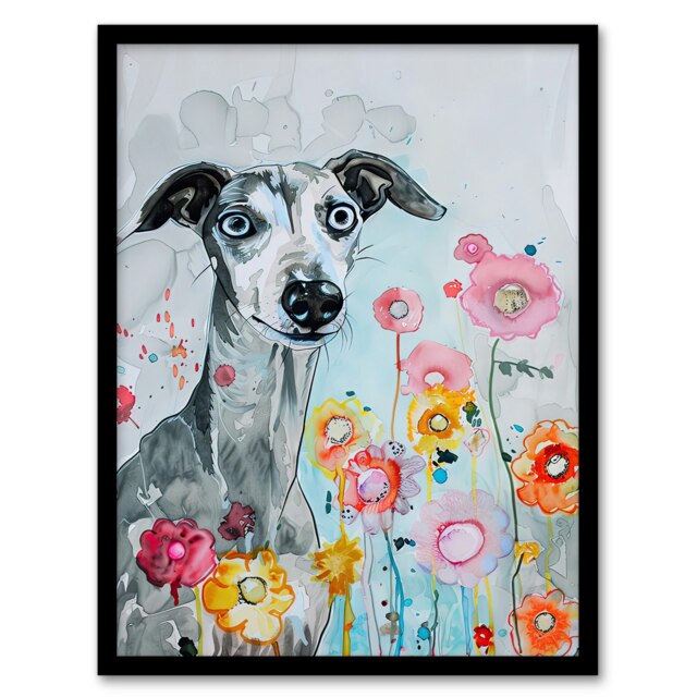 Dog Lover Whippet with Spring Flowers Watercolour Black Framed Wall Art Print A4