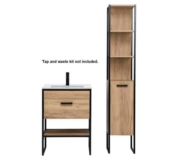 Freestanding Bathroom Furniture Set Tall Cabinet 600mm Vanity Sink Unit Black Steel Industrial Frame Oak Finish Loft Brook