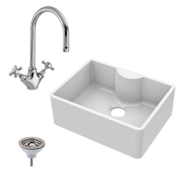 Balterley Fireclay 1 Bowl Butler Kitchen Sink with Tap Ledge, Mono Mixer Tap & Waste by Balterley White White