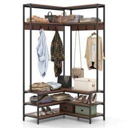 COSTWAY Corner Garment Rack Clothes Rack wOpen Shelves Walnut Brown One Size