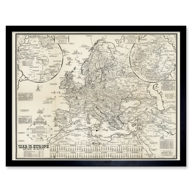 "Map Turner 1944 War Europe Dated Events 12x16"" Framed Wall Art Print"