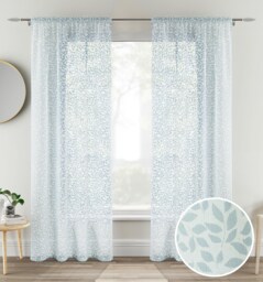 Pair of Willow Blue Leaf Print on Linen Look Panels, with Rod Pocket Header 229 CM