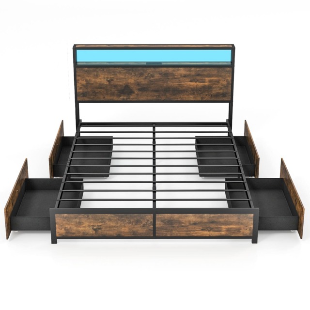 COSTWAY King Size Bed Frame with LED Lights Headboard Brown