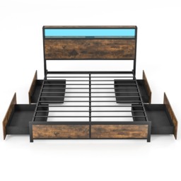 COSTWAY King Size Bed Frame with LED Lights Headboard Brown