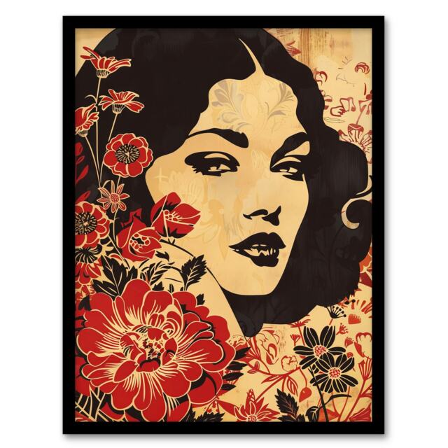 Beauty Bloom Woman Floral Portrait Black Framed Wall Art Print A4