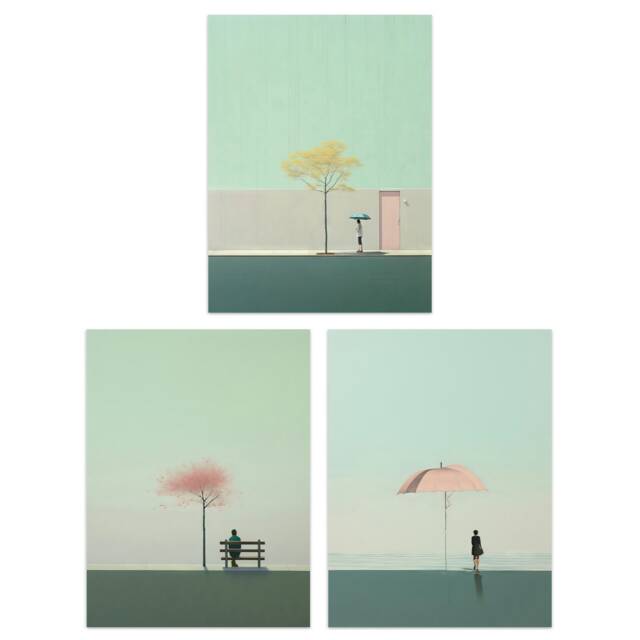 Set of 3 Prints Minimalist Landscapes Tree Umbrella Solitude Green Pink Wall Art Prints 12x16 Inch