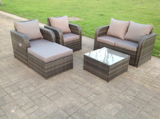 5 Seater PE Wicker Rattan Garden Furniture Loveseat Reclining Sofa Chair Table Footstool Outdoor Grey