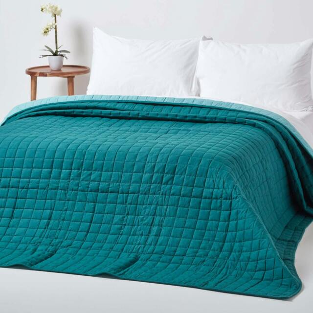 Homescapes Cotton Quilted Reversible Bedspread Teal & Blue - 230 x 250 cm