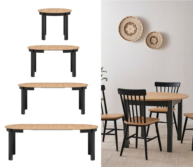Round Dining Table Extendable Oval Oak Effect Top Black Legs Seats 4 6 8 10 12 Extending from 105cm to 240cm Indus