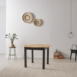 Round Dining Table Extendable Oval Oak Effect Top Black Legs Seats 4 6 8 10 12 Extending from 105cm to 240cm Indus