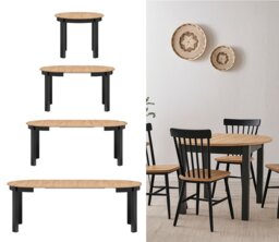 Round Dining Table Extendable Oval Oak Effect Top Black Legs Seats 4 6 8 10 12 Extending from 105cm to 240cm Indus