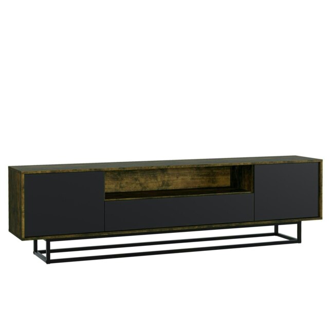 TV Unit 200cm Rustic Industrial Oak with Black Doors and Metal Frame Brown Black One Size 1