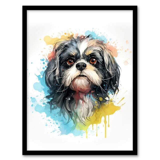 Shih Tzu Lovers Gift Watercolour Pet Portrait Black Framed Wall Art Print A4