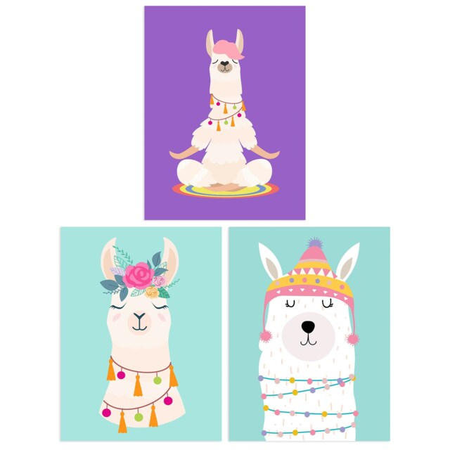 Set of 3 Kids Bedroom Cute Happy Llama Yoga Meditation Purple Blue Wall Art Print A4