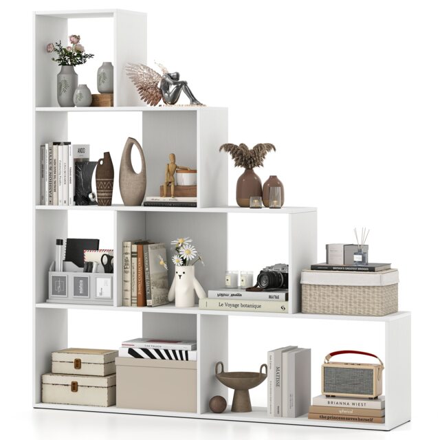 COSTWAY 4 Tier Stepped Bookshelf Modern Ladder Bookcase 6 Storage Cubes White