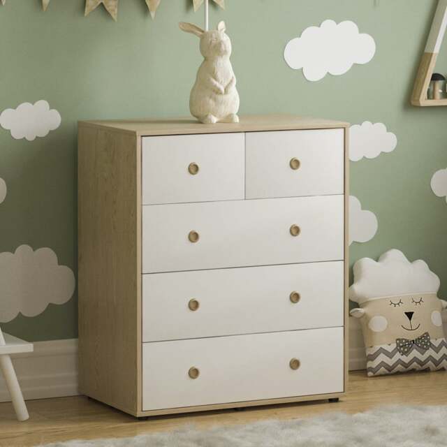Vida Designs Neptune 5 Drawer Chest of Drawers Bedroom Storage, White & Oak