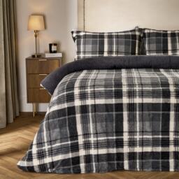 OHS Tartan Check Teddy Fleece Thermal Duvet Cover Bedding Set Grey Charcoal King