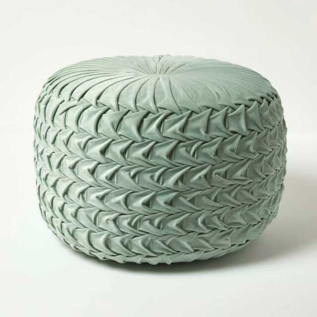 Homescapes Grace Pleated Velvet Green Pouffe