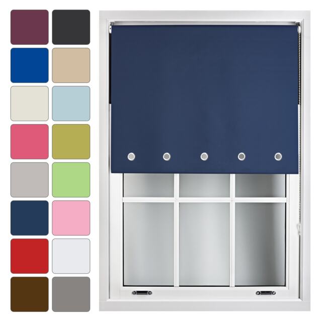 FURNISHED Blackout Roller Blinds with Round Eyelets Cut to Size Easy Fit Window Shade Blue Navy (W) 90cm x (L) 165cm