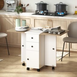 HOMCOM Folding Dining Table for 4-6, Rolling Drop Leaf Table on Wheels with Storage Drawers, Cabinet and Open Shelf for Kitchen, Dining Room, Oak and White