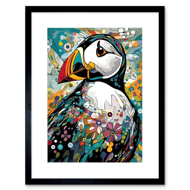 "Puffin Bird Painting Floral Psychedelic Bird Flowers 9x7"" Black Framed Wall Art Print"