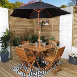 Outdoor 4 Person Folding Square Wooden Garden Patio Dining Table Chairs Parasol and Base Set