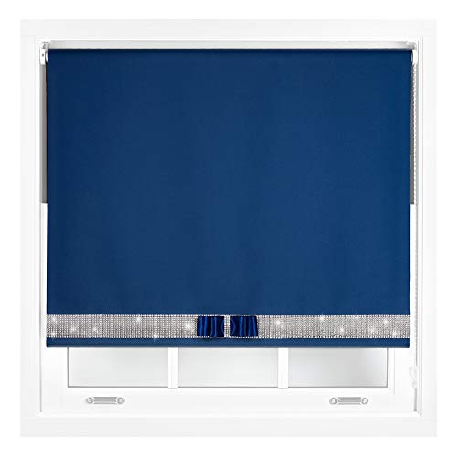 FURNISHED Blackout Roller Blinds with Diamante Trim and Bow Cut to Size Blue Navy (W) 210cm x (L) 210cm