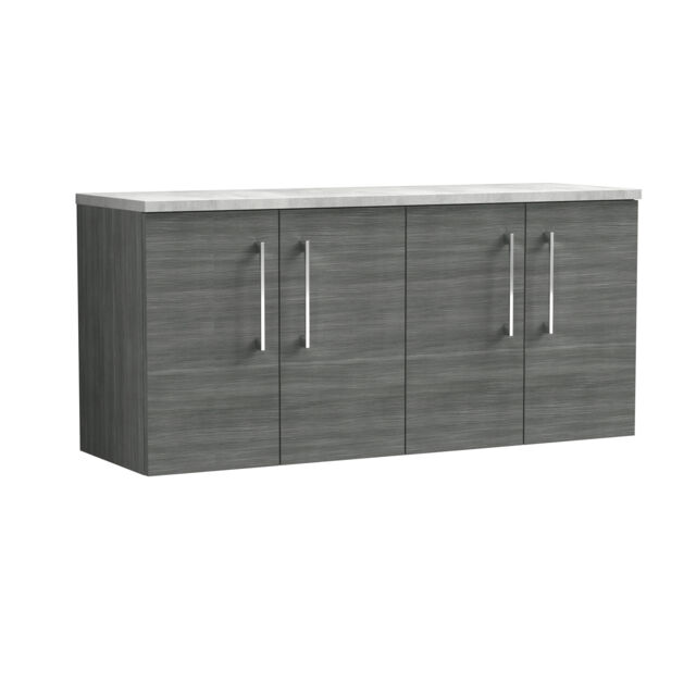 Balterley Level Wall Hung 4 Door Vanity Unit with Laminate Worktop for Contemporary Bathroom Storage Grey Anthracite Woodgrain