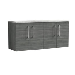 Balterley Level Wall Hung 4 Door Vanity Unit with Laminate Worktop for Contemporary Bathroom Storage Grey Anthracite Woodgrain