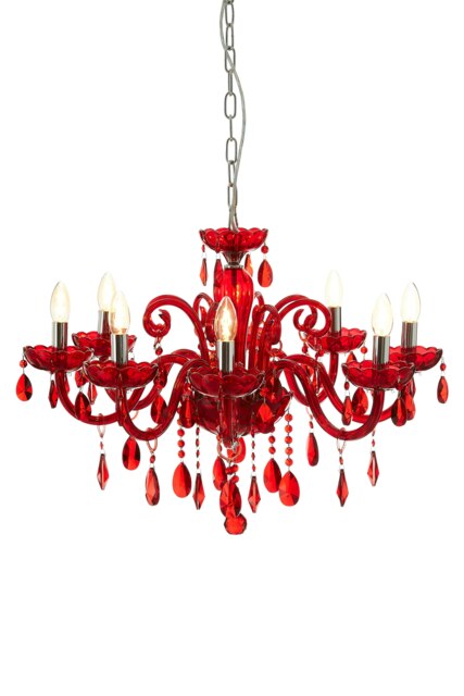 Orsina Murano 8 Bulb Chrome And Red Crystal Glass Chandelier
