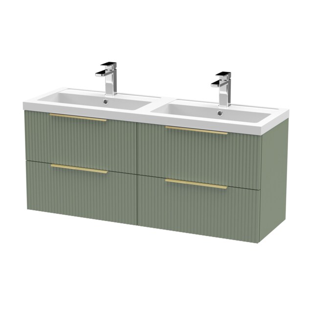 Balterley Fluted Front Wall Hung 4-Drawer Bathroom Vanity Unit with Double Basin, Handles Green Satin Green