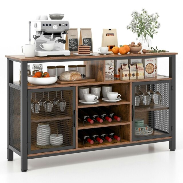 COSTWAY Wine Bar Cabinet 140cm kitchen Buffet Sideboard Coffee Brown 1