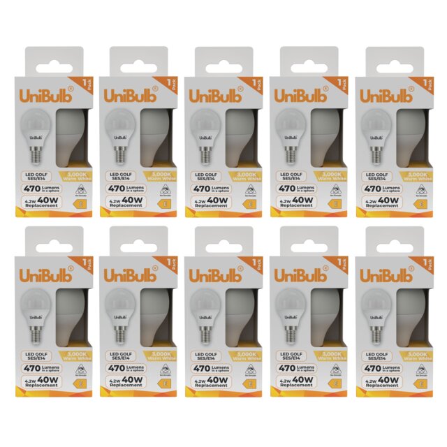 UniBulb LED Golf Ball E14 Small Edison Screw (SES) 470lm 4.2W (Replaces 40W) 3000K (Warm White) Light Bulb - Pack of 10 White Warm White 10