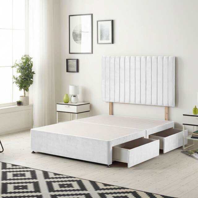 Texas Divan Bed Base with 2 Drawers & 30 Inch Headboard Plush Velvet White White