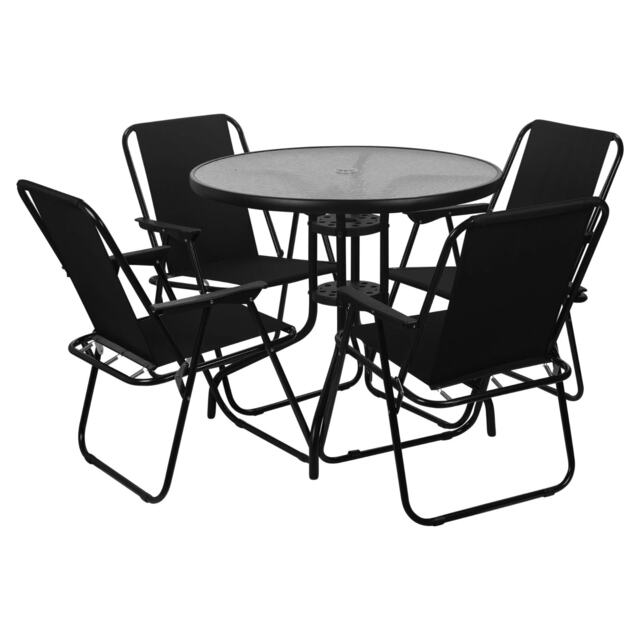 Garden Table & Folding Deck Chairs Set 2 4 Seater Outdoor Patio Dining Furniture Black Table + 4 Black Chairs