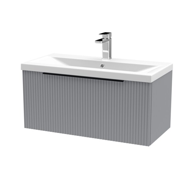 Balterley Fluted Front Wall Hung 1-Drawer Bathroom Vanity Unit with 1 Tap Hole Basin, Handles Grey Satin Grey