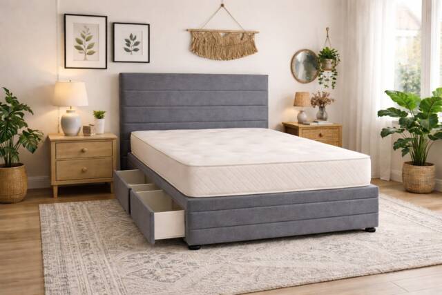 Divan Bed Set Headboard and Footboard with Mattress 4ft6 Double Grey Suede Storage 2 Drawers Right Side Laying in Bed