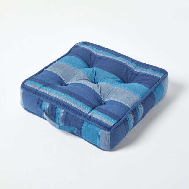 Homescapes Morocco Striped Cotton Floor Cushion Blue Blue 40 x 40 cm