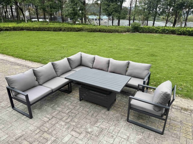 Fimous 7 Piece L-shaped Garden Furniture Set 8-Seater Aluminium Outdoor Dining Set with Adjustable Rising Lifting Dining Table Dark Grey