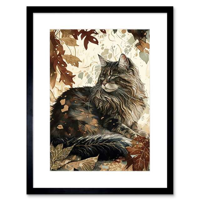 "Maine Coon Cat Autumn Leaves Modern Watercolour Ink 9x7"" Black Framed Wall Art Print"