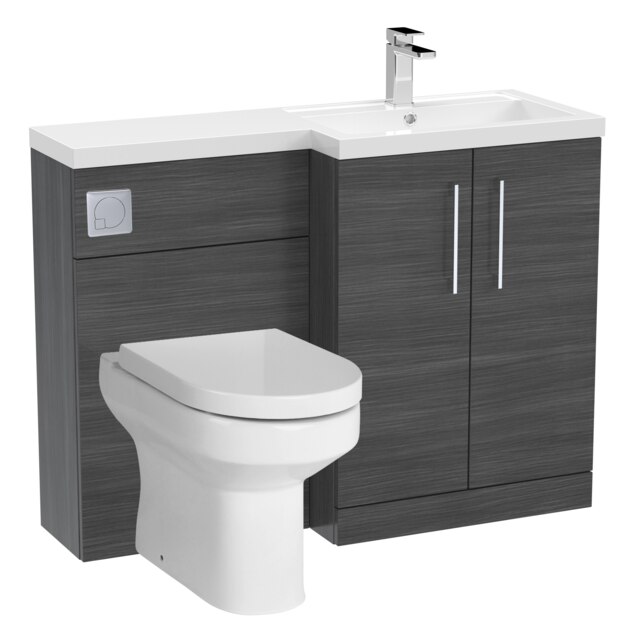 Level Bathroom Bundle Floor Standing Vanity Basin and WC Unit with Pan, Seat and Cistern - Right Hand - Anthracite Woodgrain Grey