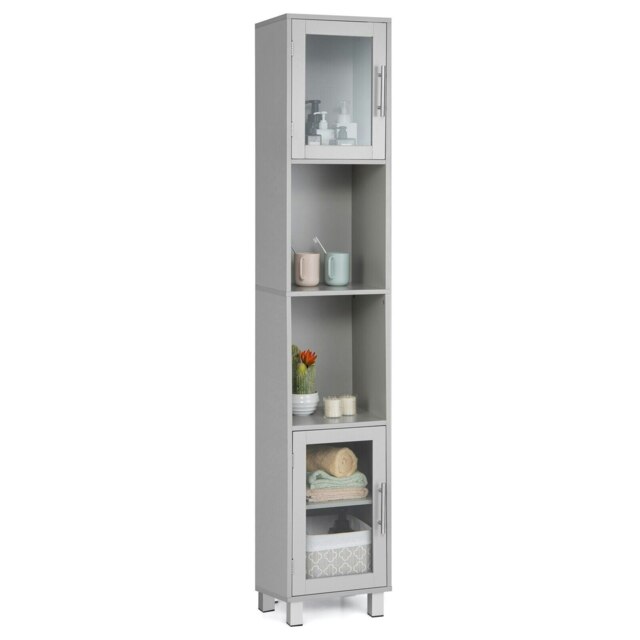 COSTWAY Bathroom Tall Cabinet Slim Storage Organizer White Grey 1