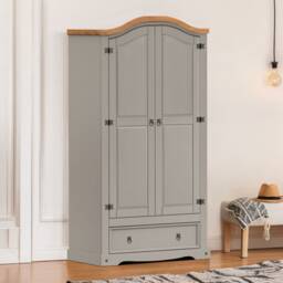 Mercers Furniture Corona Grey Wax 2 Door Wardrobe 1 Drawer Arch Top Double Robe Solid Wood Pine Wooden Bedroom with Mexican Styling